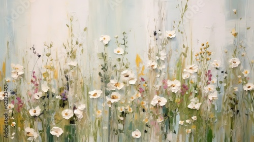  a painting of white flowers on a blue and green background.  generative ai