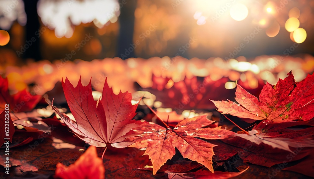 Red maple leaves on the ground with a bokeh effect defocused background, Generative AI
