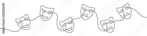 Theater mask emotion vector linear icon. Masquerade tragedy and humor one line in one line vector. Linear outline design of Set of Theater face mask. Vector illustration.
