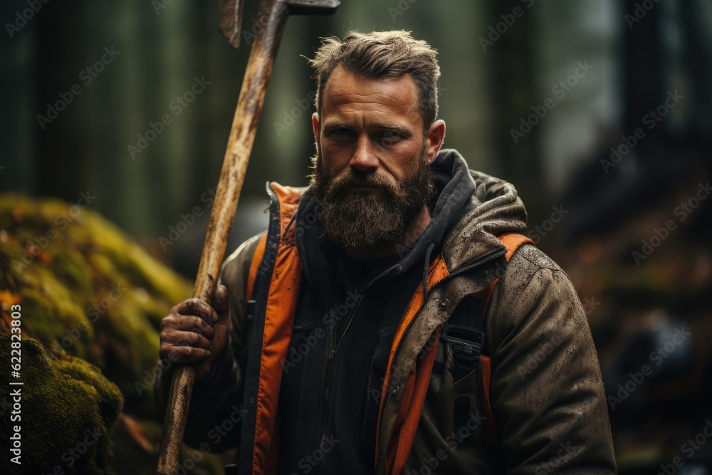 Obraz premium Lumberjack in a dense forest holding an axe. Generative AI