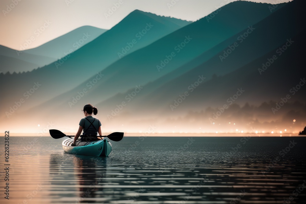 Woman in blue green cyan kayak on calm morning lake paddling away from camera with foggy tree line and mountains in background. Tourism concept. Beautiful landscape. Generative AI
