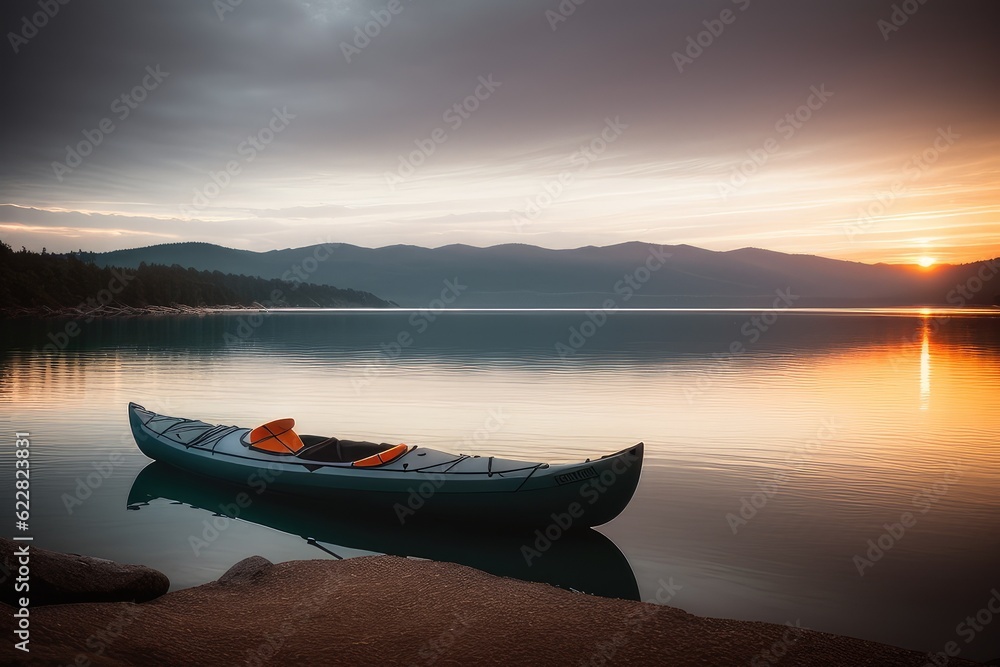 Single kayak on sea bank on the stones in evening. Water tourism concept. Outdoor adventure time. Extreme hobby of brave man. Copy space for advertising kayaking sport. Generative AI