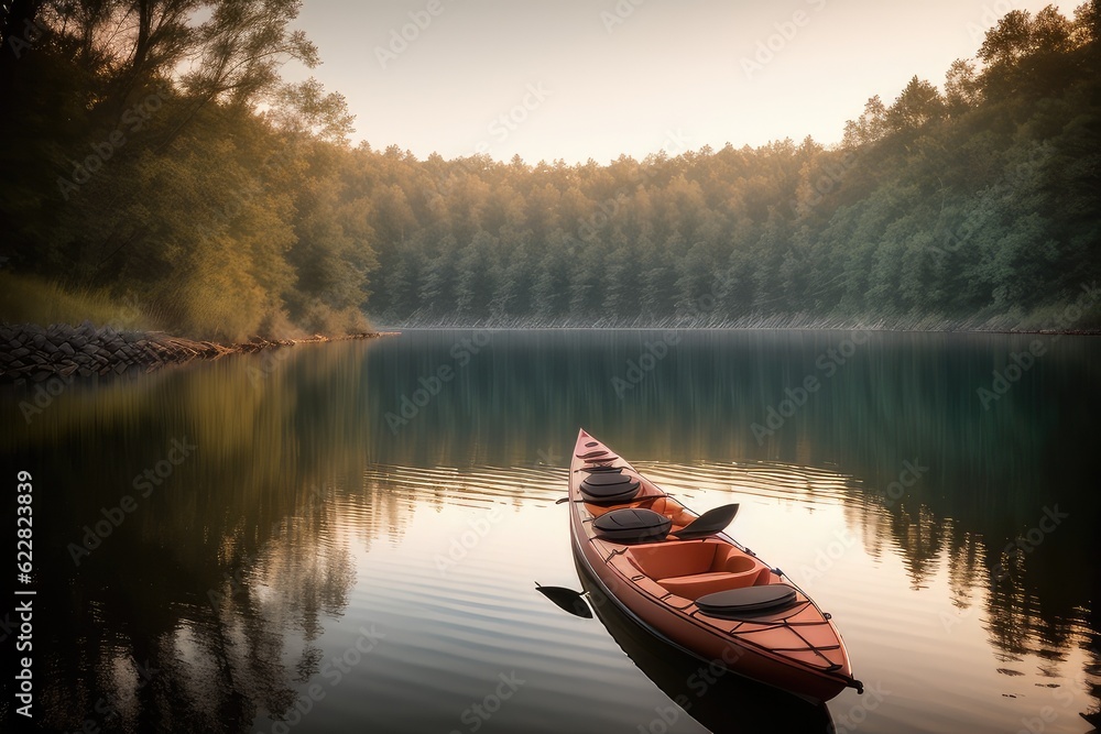 The canoe boat stands near the bank of a mountain river. Orange kayak for water travel. Autumn boat trip in cloudy weather. Tourism in the wild nature. Generative AI