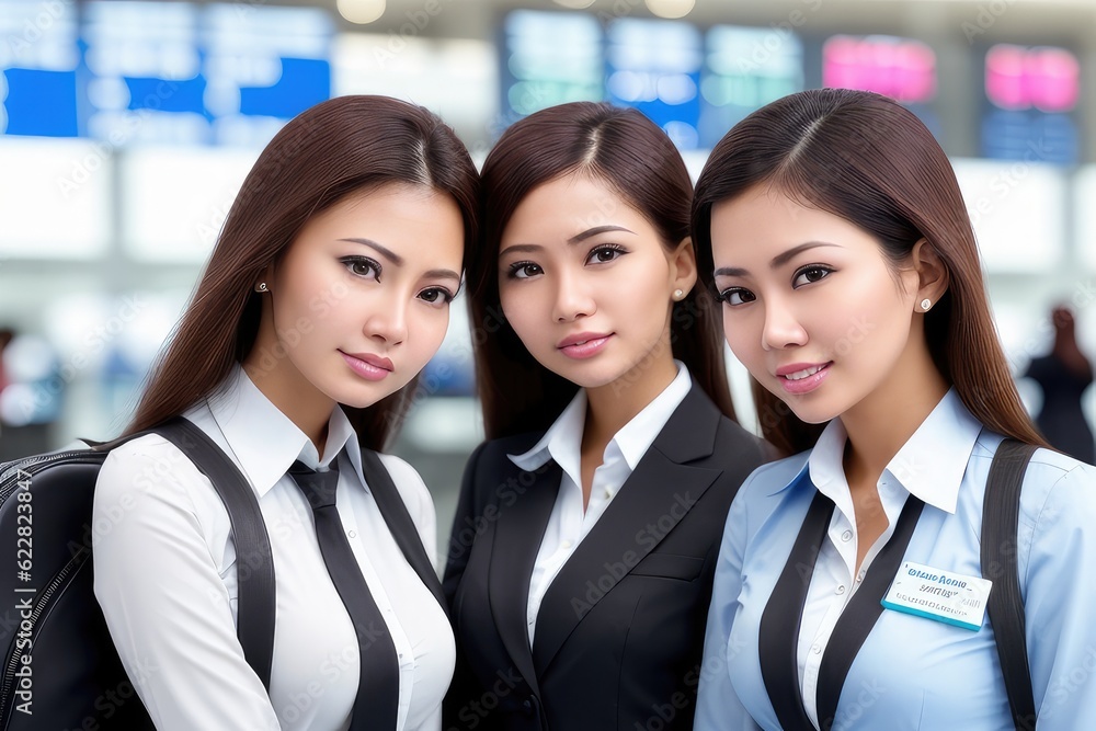 a group of women in uniforms standing in a line in an airport lobby with a departure chart in the background. Business and traveling concept. Generative AI a group of women in uniforms standing in a line in an airport lobby with a departure chart in the background. Business and traveling concept. Generative AI