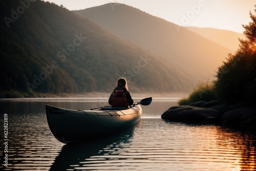 Scenic view of beautiful autumn scenery at sunrise lake sea mountain background and young adventurist kayaking in golden morning light at sunrise in fall. Generative AI photo