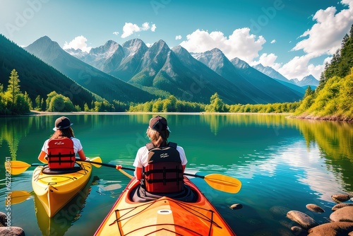 Young Lovely Couple Canoeing Kayaking on Sunny Day on Lake Sea with Mountain View Background. Best Friends Enjoying and Having Fun Together on Kayak in Vacation Holiday Trip. Generative AI