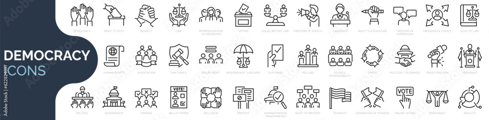 Set of 35 outline icons related democracy, politics, voting, election. Linear icon collection. Editable stroke. Vector illustration - obrazy, fototapety, plakaty 