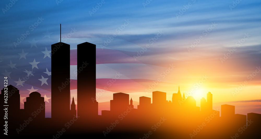 New York skyline silhouette and USA flag at sunset. American Patriot Day banner.
