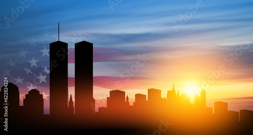 Fotografie, Obraz New York skyline silhouette and USA flag at sunset