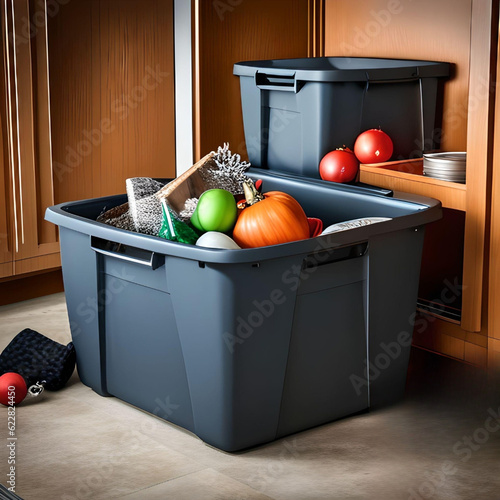 Lid Off Plastic Storage Tote Messily Filled With Holiday Decorations 