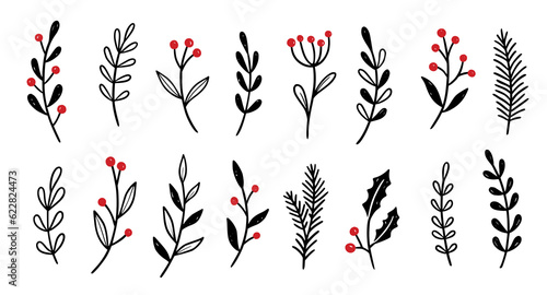 Christmas plant leaf, flower vintage set. Hand drawn doodle sketch holly floral, xmas tree leaves, winter branch elements. Holiday decoration, floral wreath sketch doodle. Vector illustration.