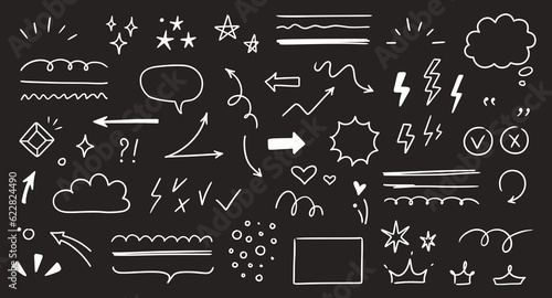 Sketch line arrow element, star, heart shape on chalkboard background. Hand drawn doodle sketch style circle, cloud speech bubble grunge element. Arrow, star, heart decoration. Vector illustration