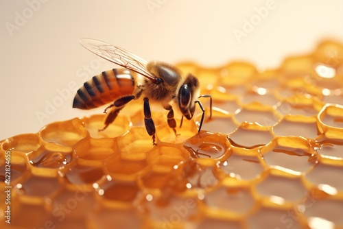 honey apiarist pollen insect macro bee background closeup gold nature yellow. Generative AI.