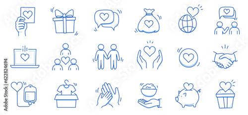 Charity hand, money, blood donation doodle line icon. Charity volunteer, support, blood donor concept icon set. Volunteer heart, donate food hand drawn doodle sketch style line. Vector illustration