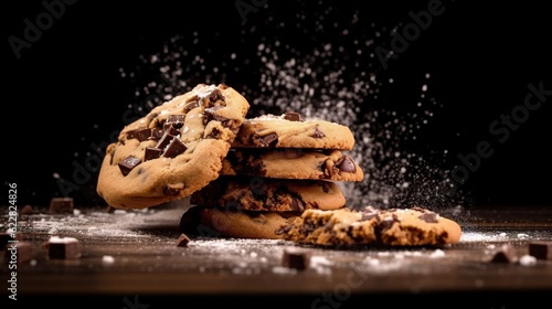  a stack of cookies with chocolate chips falling out of them.  generative ai