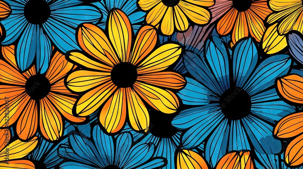  a bunch of flowers that are on a tablecloth that is blue, yellow, and orange.  generative ai