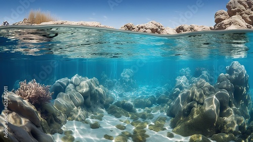  an underwater view of a coral reef with rocks in the background. generative ai
