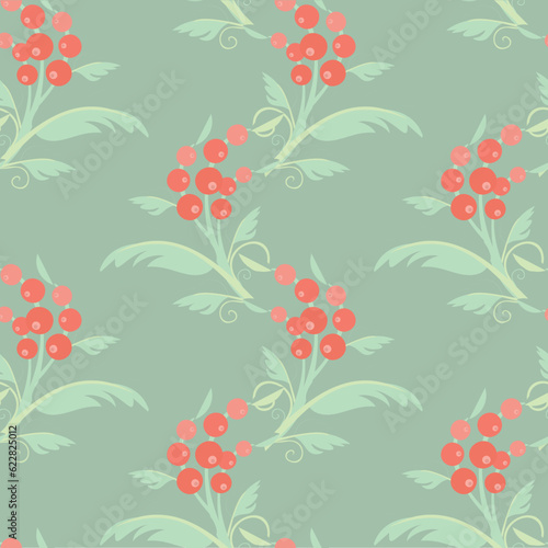 Plant with green leaves and red fruits pastel colored flat design seamless pattern on green stock vector illustration for web, for print