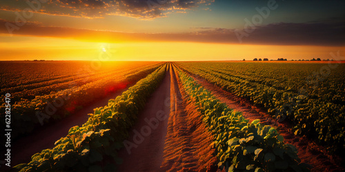 green growing plants on an agricultural field in the rays of the rising sun. Generative AI