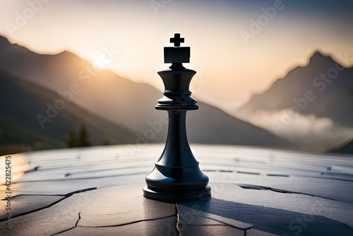 A chess piece kept on the rock with sunset view, Generative Ai technology