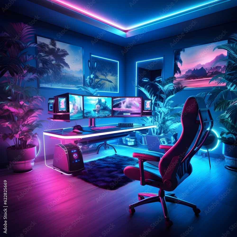 vapourwave style gaming room, long desk, led lighting, hyperrealistic