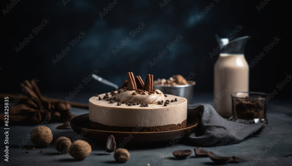 A decadent homemade chocolate cheesecake on rustic wood generated by AI
