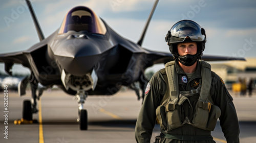 Attractive man - Pilot in front of stealth fighter plane photo