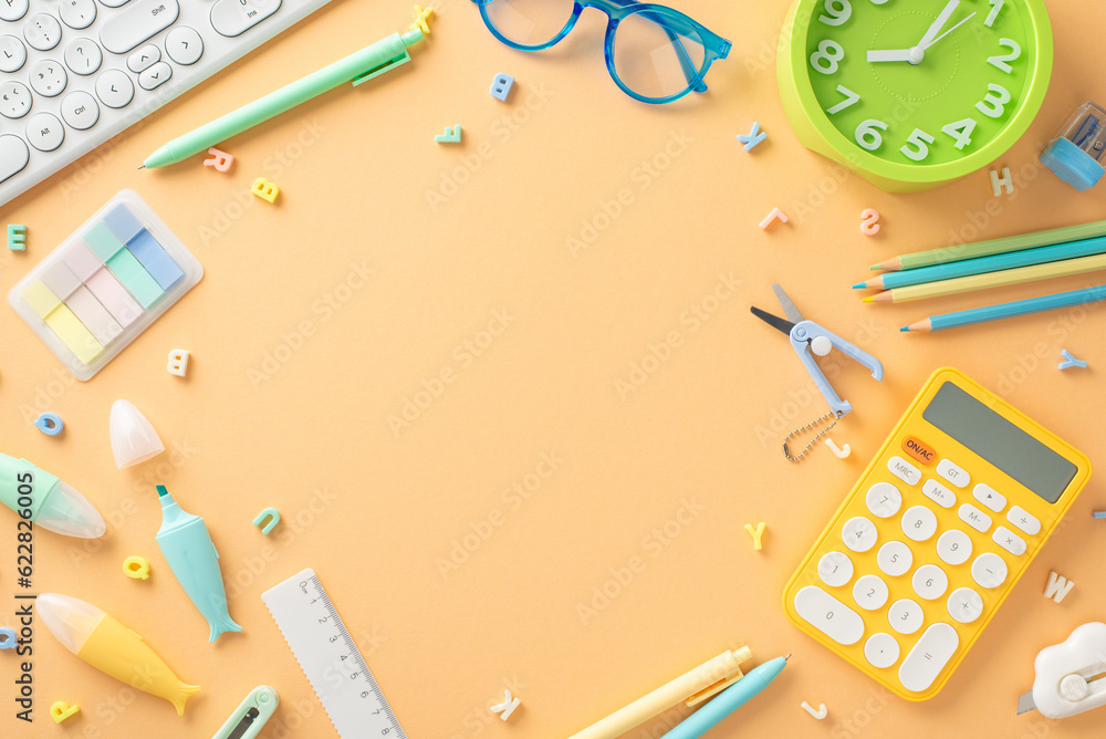 Celebrate joy of learning with this vibrant composition. Top view of stationery, calculator, letters, keyboard, clock beautifully displayed on pastel orange backdrop, ready for your text or advert Celebrate joy of learning with this vibrant composition. Top view of stationery, calculator, letters, keyboard, clock beautifully displayed on pastel orange backdrop, ready for your text or advert