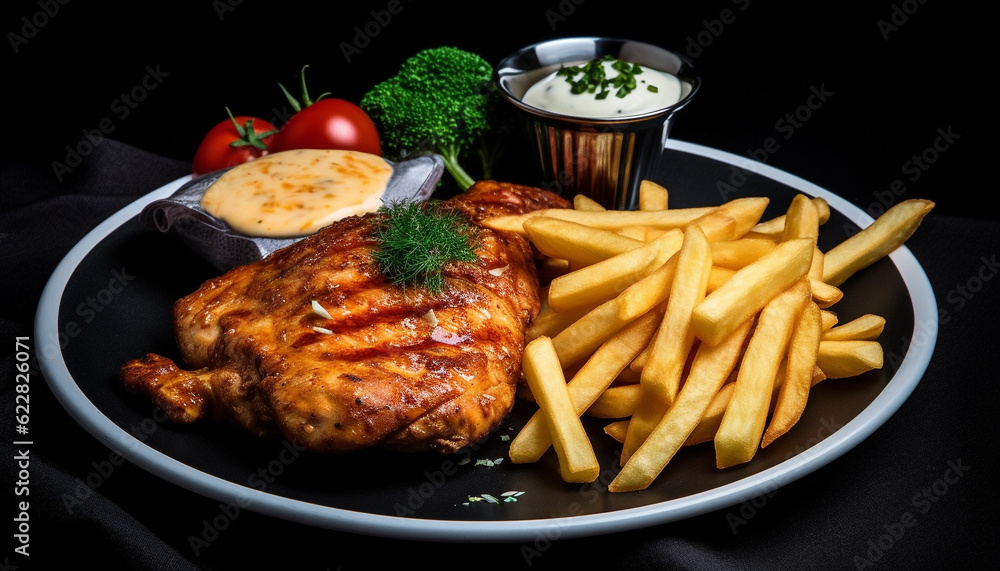 Grilled meat, fries, salad, sauce, gourmet plate generated by AI Grilled meat, fries, salad, sauce, gourmet plate generated by AI