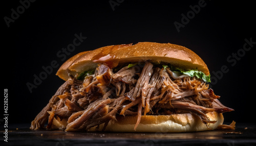 Grilled pulled pork sandwich, coleslaw, and fries generated by AI