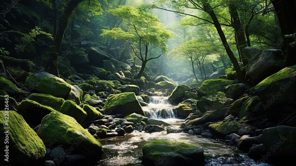  a stream running through a lush green forest filled with rocks.  generative ai