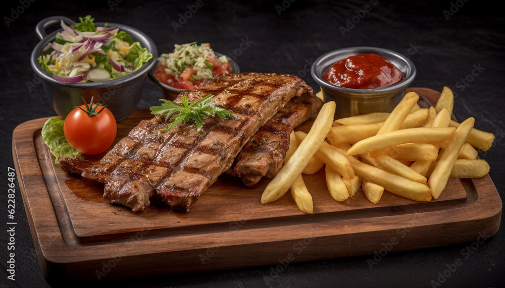 Grilled sirloin steak with savory sauce and fries generated by AI Grilled sirloin steak with savory sauce and fries generated by AI