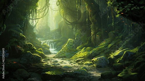  a painting of a forest with a stream running through it.  generative ai