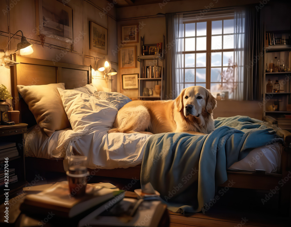 Obraz premium Gold Retriever on a bed in a Comfortable Room