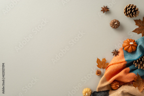 Fototapeta Naklejka Na Ścianę i Meble -  Embrace the comfort of home in fall with this top view image. Cozy patchy plaid and autumnal attributes - pumpkin candles, pinecones and maple leaves create cozy setting for copyspace on grey backdrop