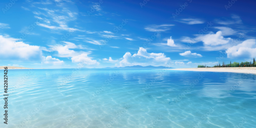 Karibischer heller Sand Strand mit hellblau türkisen Meer und blauen Himmel mit Wolken - Mit Platz für Text oder Produkt