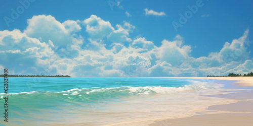 Karibischer heller Sand Strand mit hellblau t  rkisen Meer und blauen Himmel mit Wolken - Mit Platz f  r Text oder Produkt