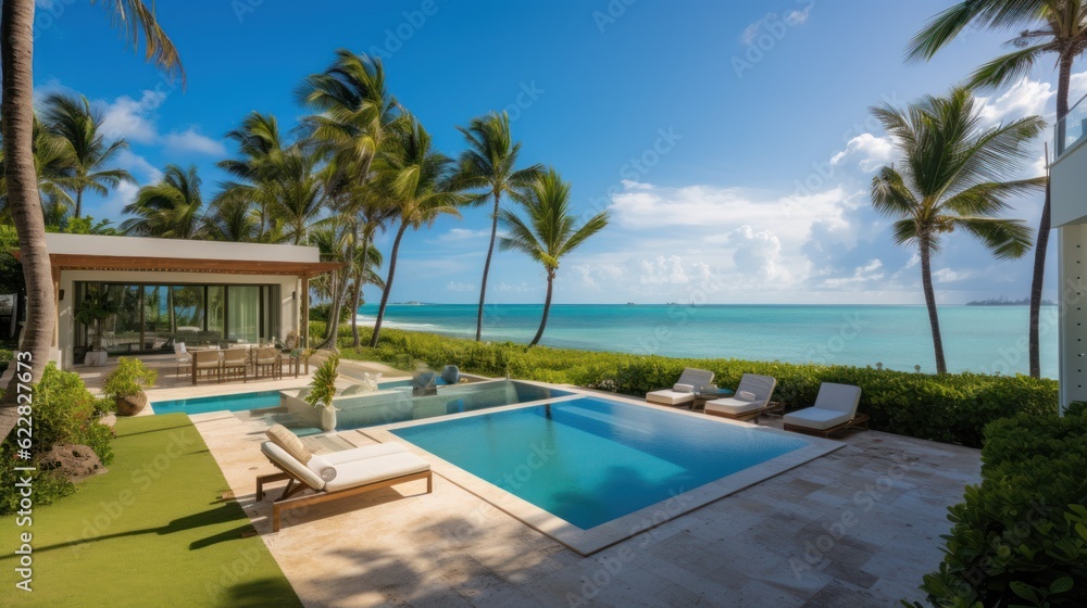 Fototapeta premium Villa in a prime oceanfront location in Miami, offering stunning views of the Atlantic Ocean and access to beaches