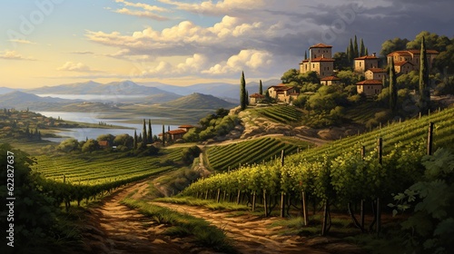  a painting of a vineyard with a road leading to it. generative ai