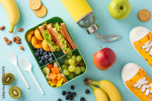 Take a breather from learning: high angle shot showcasing lunch box with vegan sandwiches, yummy fruits, vegetables, berries and nuts, water bottle and sneakers on pastel blue isolated background
