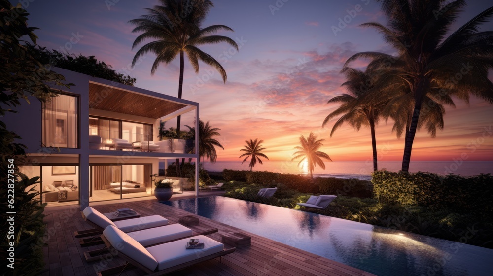 Fototapeta premium Villa in a prime oceanfront location in Miami, offering stunning views of the Atlantic Ocean and access to beaches