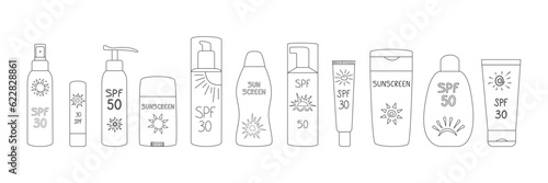 Sun protection collection. Outline sunscreen set. Summer Background with line sunbathing products