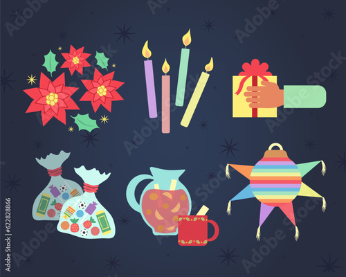 Vector. Elementos de las posadas en México. Celebración tradicional religiosa previa a Navidad.