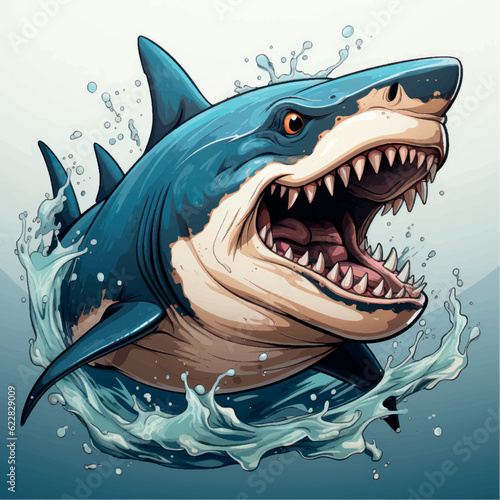Shark logo vector illustration. Great white shark print. Beware of sharks banner. Shark attack. White shark teeth. Marine dangerous predator sign. Water safety rules. Anger management psychology. © Nataly G