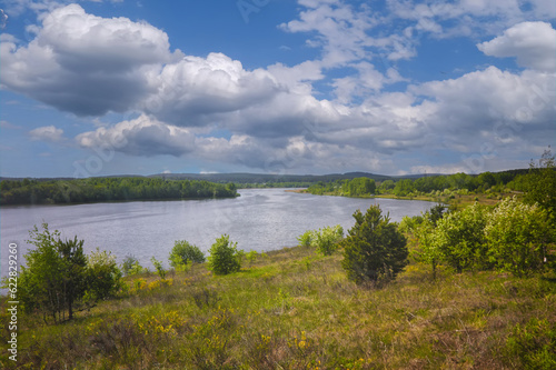 Summer landscape with riverbank. Wonderful nature, beautiful natural background.