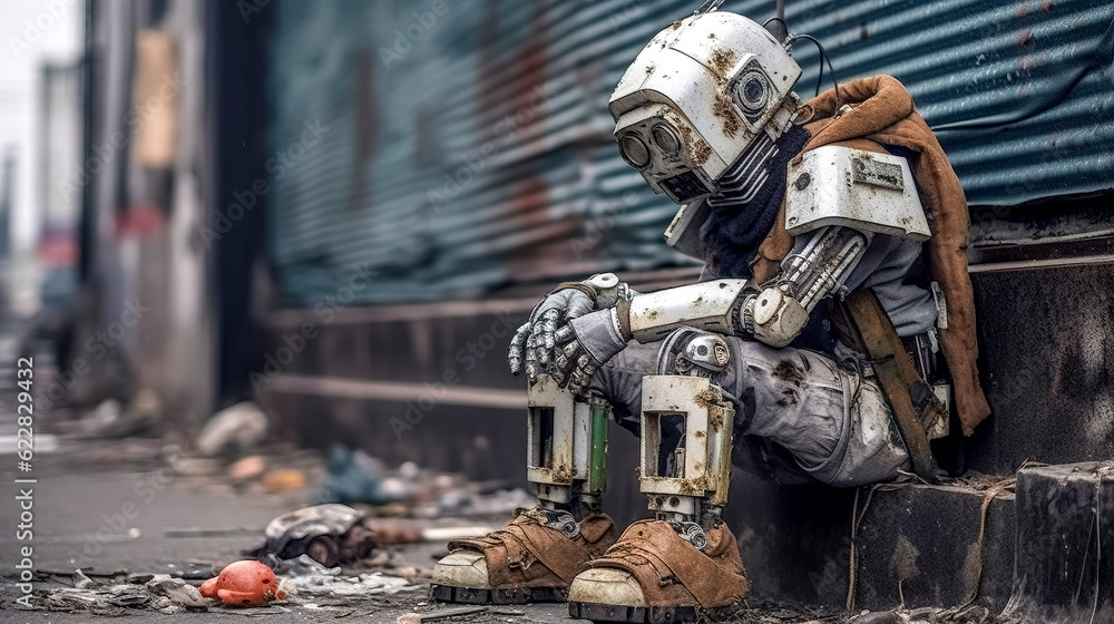 old abandoned homeless robot in the city streets, made with Generative AI old abandoned homeless robot in the city streets, made with Generative AI