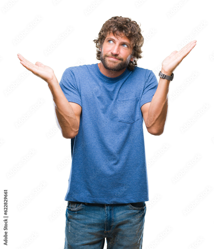 Handsome hispanic model man over isolated background clueless and confused expression with arms and hands raised. Doubt concept. Handsome hispanic model man over isolated background clueless and confused expression with arms and hands raised. Doubt concept.