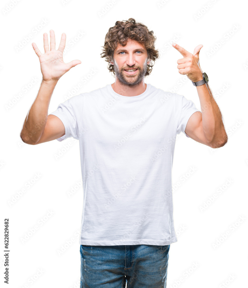 Handsome hispanic model man over isolated background showing and pointing up with fingers number seven while smiling confident and happy. Handsome hispanic model man over isolated background showing and pointing up with fingers number seven while smiling confident and happy.