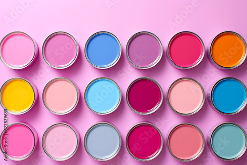 Many different colored tin cans. House rennovation, design ideas, bright conceptual photo. High quality photo with copy space. Pink, yellow, blue, magenta, orange, pastel beige paint. AI generated photo