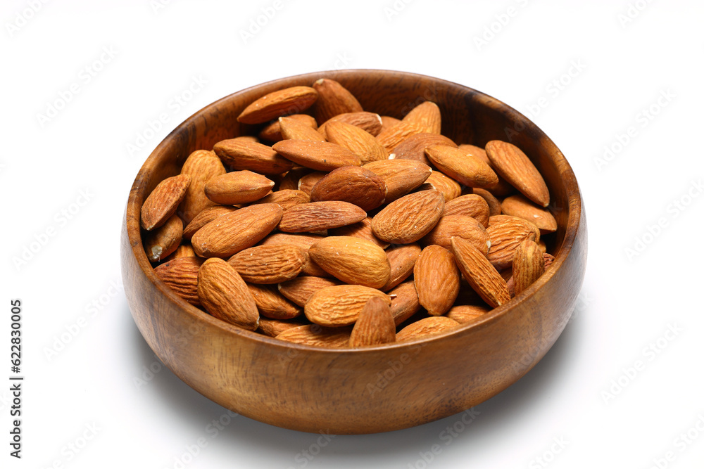 Fresh healthy Almond in bowl on isolated white background. Top view. Fresh healthy Almond in bowl on isolated white background. Top view.